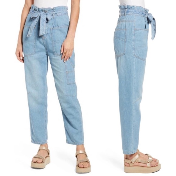 Free People Belted Denim High-Waisted Utility Paperbag Pants in Blue Haze Sz 29 - Picture 7 of 16